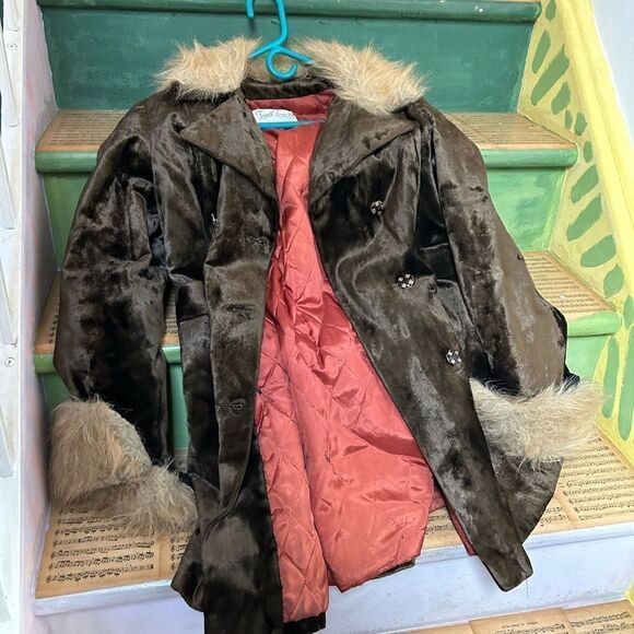 Vintage TRAIL TRACER Women`s brown Velvet FAUX FUR Collar COAT BOHO USA - Picture 10 of 16